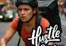 AI-generated image of a woman delivering food on a bicycle, looking hard-working, determined, and hustling, with text overlay that says "hustle quotes"
