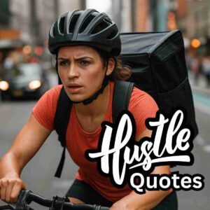 AI-generated image of a woman delivering food on a bicycle, looking hard-working, determined, and hustling, with text overlay that says "hustle quotes"