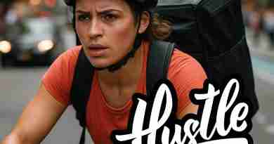 AI-generated image of a woman delivering food on a bicycle, looking hard-working, determined, and hustling, with text overlay that says "hustle quotes"