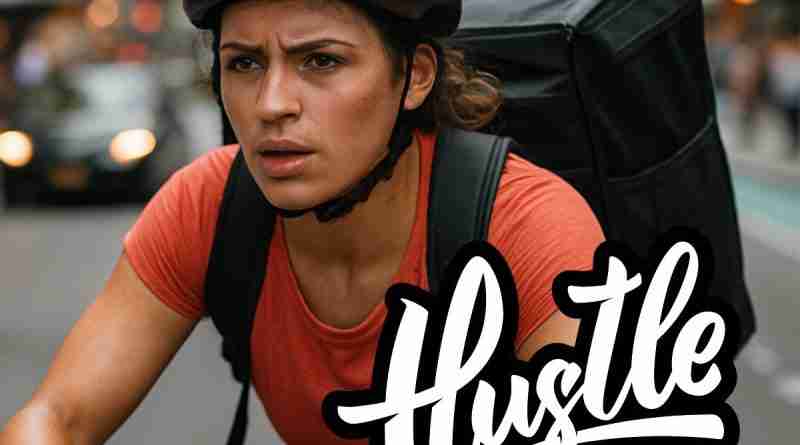 AI-generated image of a woman delivering food on a bicycle, looking hard-working, determined, and hustling, with text overlay that says "hustle quotes"