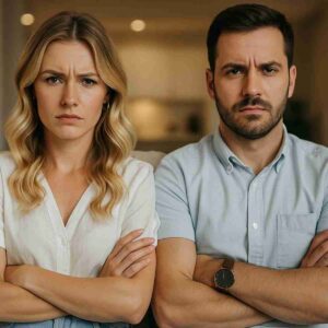 A young couple sits closely on a couch with arms crossed and serious expressions, facing forward. Both wear casual clothing—white tops and jeans—and appear to be in a moment of tension or disagreement, suggesting a relationship conflict or emotional distance.