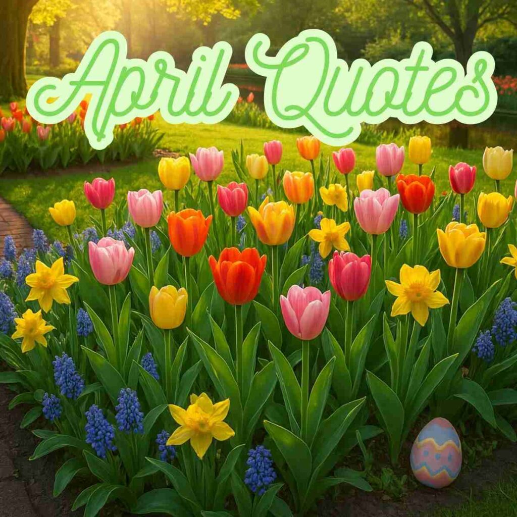 AI-generated image of tulips and daffodils blooming in a garden with text that says "April Quotes"
