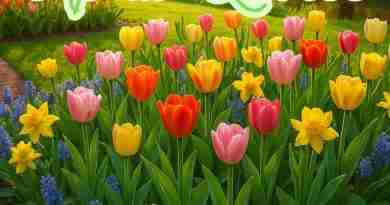 AI-generated image of tulips and daffodils blooming in a garden with text that says "April Quotes"