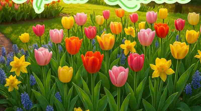 AI-generated image of tulips and daffodils blooming in a garden with text that says "April Quotes"