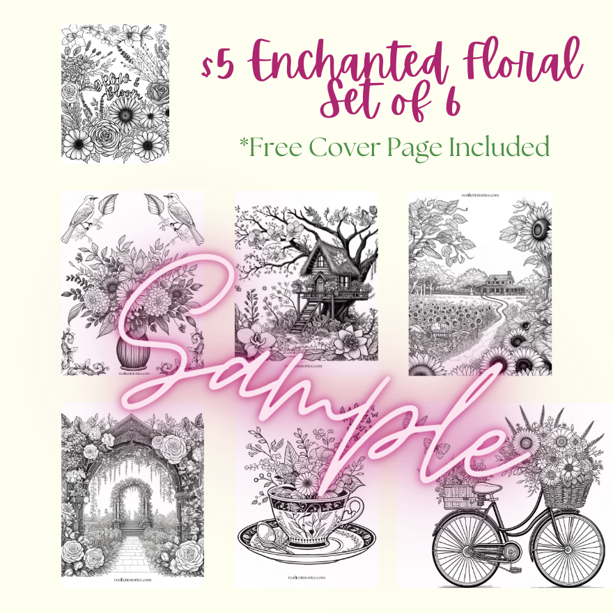 An image of our enchanted floral coloring pages available on our Gumroad store.