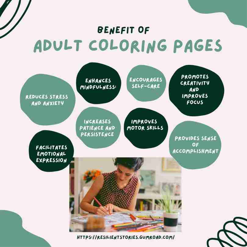 A benefits of adult coloring graphic:
Reduce Stress
Enhance Mindfulness
Encourages Self-Care
Promotes Creativity and Improves Focus
Facilitates Emotional Expression
Increases Patience and Persistence
Improves Motor Skills
Provides a Sense of Accomplishment