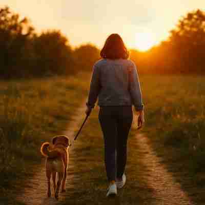 dog quotes (1) - Resilient Stories Photo of woman and dog walking along wooded path at sunset
