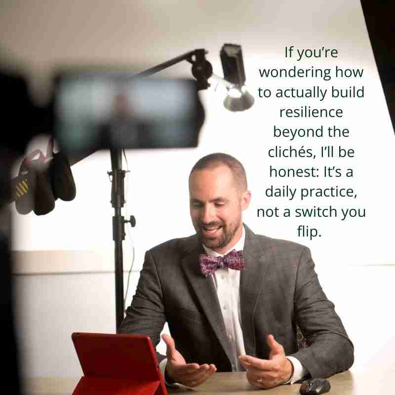 A photo of Jim during a podcast episode discussing his book and a quote from this article about bouncing back.