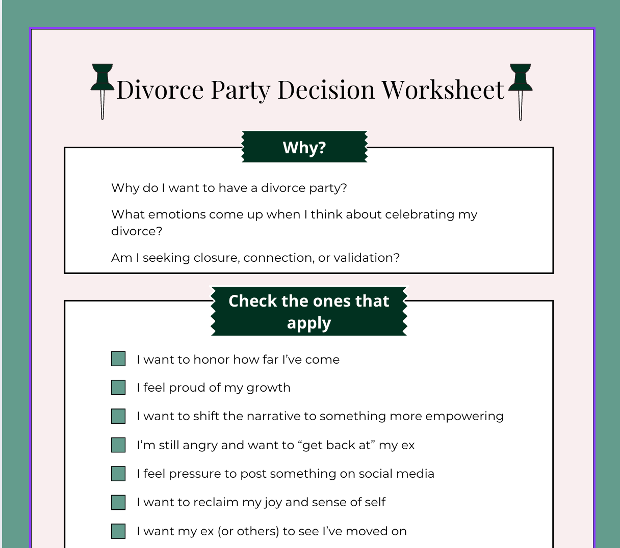 A preview of the "Divorce Party Decision Worksheet."