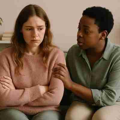 A bi-racial, same sex female couple are deep in conversation, portraying communication amid relationship anxiety.