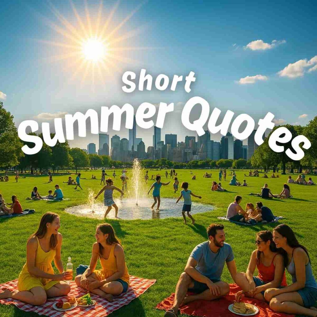 Ai-generated image of people in a park enjoying a summer day with the text "short summer quotes" over the top