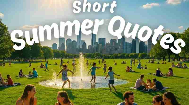Ai-generated image of people in a park enjoying a summer day with the text "short summer quotes" over the top