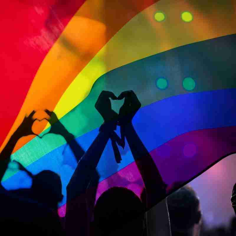 Several silhouettes in front of a rainbow flag. The people are holding up their hands in the shape of hearts.
