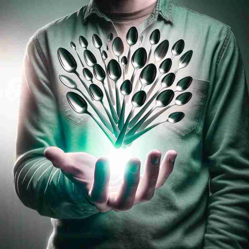 A man with several floating spoons in the palm of his hand.
