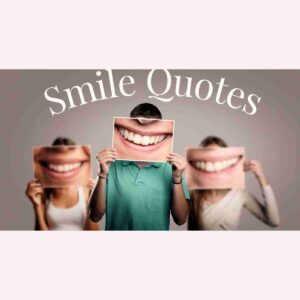 A man holds up a photo of giant smile over his face. There are two women in the background of the picture doing the same thing. The words smile quotes are curved around them.