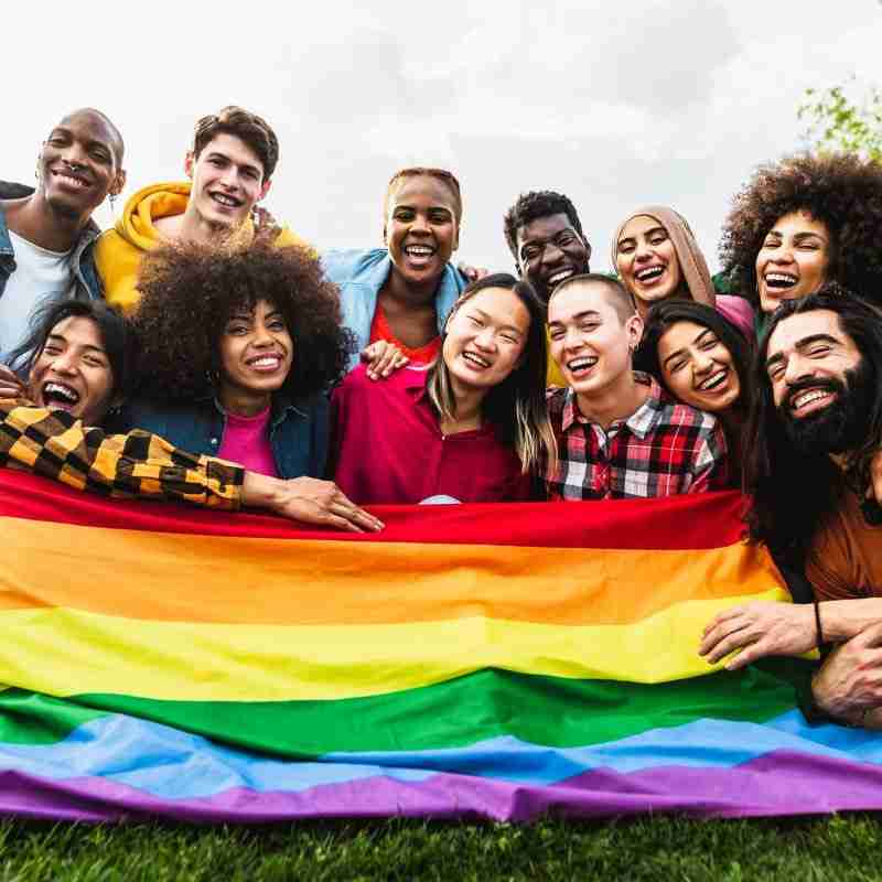 A group of people sitting in the grass and holding a rainbow flag.