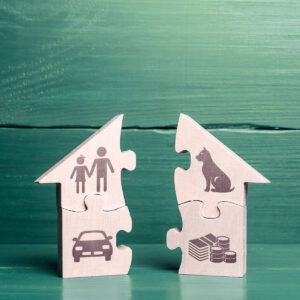 A photo of puzzle pieces depicting a parent and child, pets, cars, and money. Things that typically require new placement or decisions during family transitions.