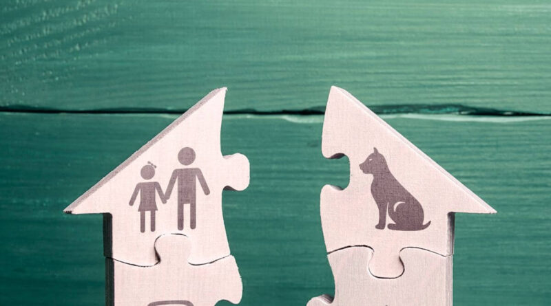 A photo of puzzle pieces depicting a parent and child, pets, cars, and money. Things that typically require new placement or decisions during family transitions.