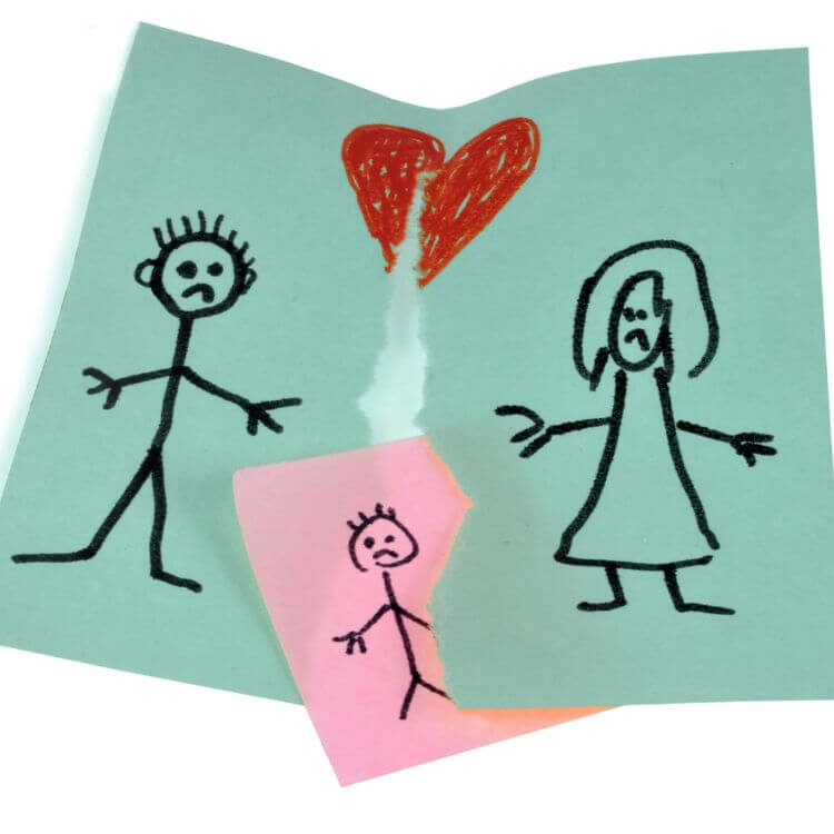 A child drawn art work of a mom and dad with a heart between them. The drawing is ripped in half and there is a sticky note with the child in between them.