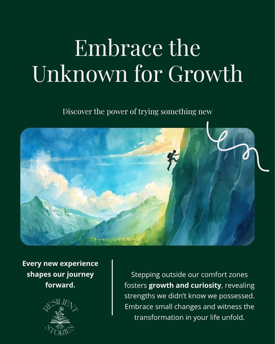 Illustration of a person climbing a steep cliff toward a bright sky, symbolizing personal growth and courage. Text reads "Embrace the Unknown for Growth" with the tagline "Discover the power of trying something new." Below is a message about how stepping outside comfort zones fosters growth, curiosity, and transformation. Branded with the "Resilient Stories" logo.
