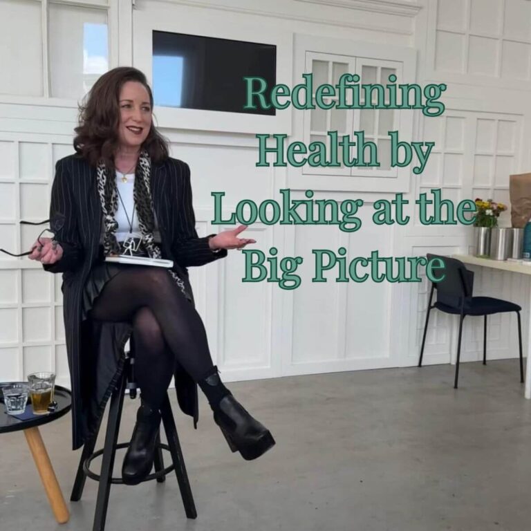 A photo of the author presenting to a room about we need to redefine health and look at the bigger picture.