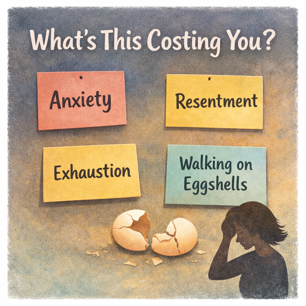 Learning to Set Boundaries at 42 (and Why It Took Me So Long) 2 A graphic that shows what not setting a boundary might cost you: anxiety, resentment, exhaustion, and walking on eggshells.
