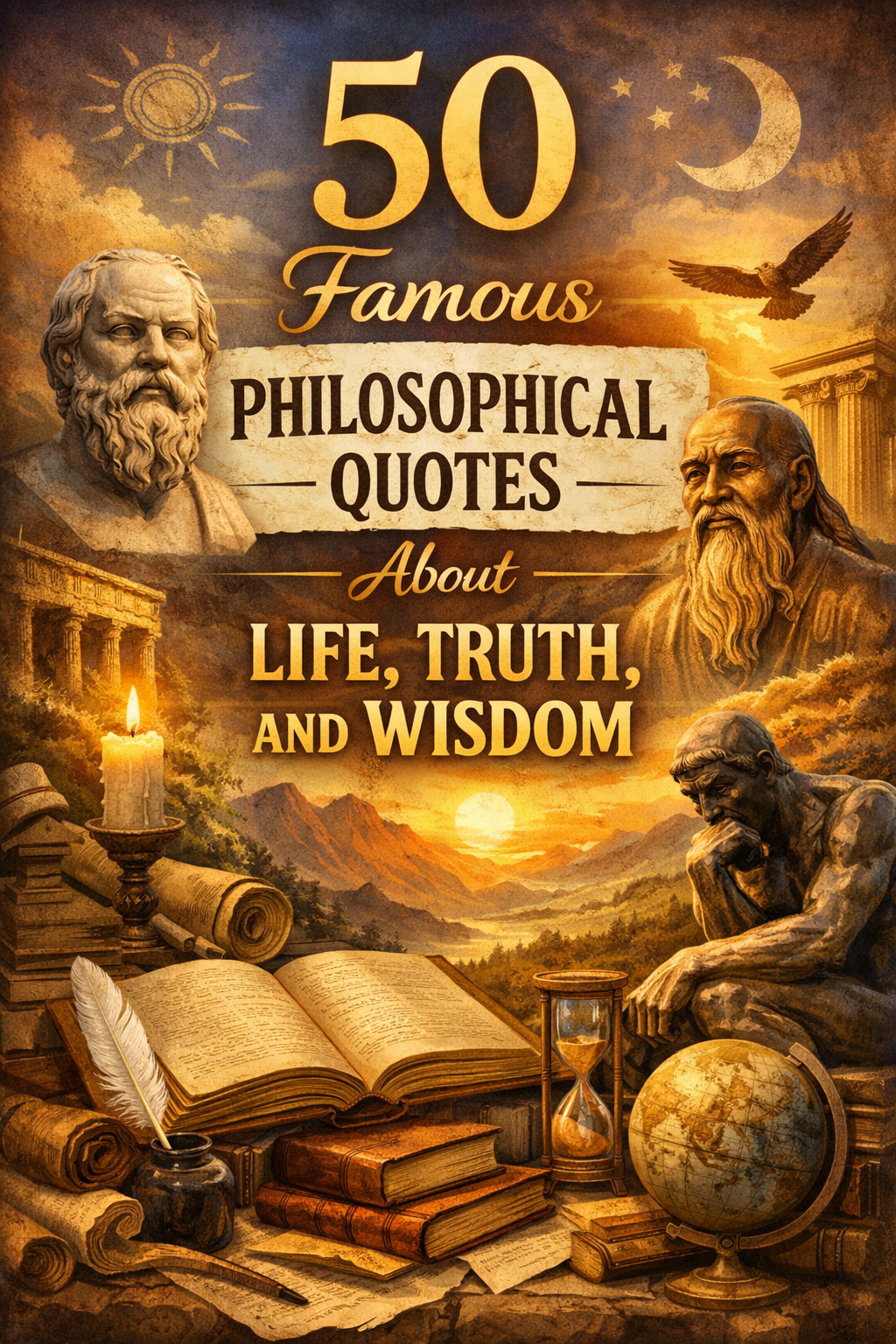 Famous Philosophical Quotes About Life, Truth, and Wisdom 1 AI image created by P.J. "Famous Philosophical Quotes about life, truth, and wisdom." On a background with books, scrolls, and philosphers.