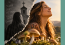 A split-scene image showing a woman moving from a dark church setting filled with words like “sin,” “shame,” and “obey” into a warm, sunlit landscape with mushrooms, flowers, and messages of healing, deconstruction, and self-acceptance.