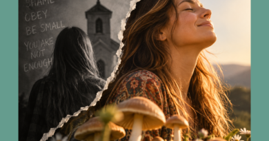 A split-scene image showing a woman moving from a dark church setting filled with words like “sin,” “shame,” and “obey” into a warm, sunlit landscape with mushrooms, flowers, and messages of healing, deconstruction, and self-acceptance.