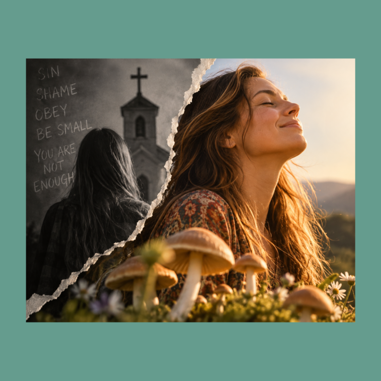A split-scene image showing a woman moving from a dark church setting filled with words like “sin,” “shame,” and “obey” into a warm, sunlit landscape with mushrooms, flowers, and messages of healing, deconstruction, and self-acceptance.