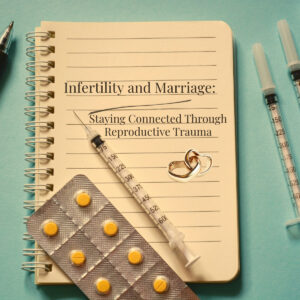 A notebook with the words "Infertility and marriage." There are also needles, pills, and wedding rings on it.