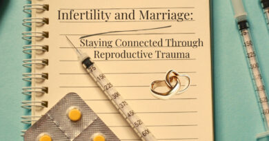 A notebook with the words "Infertility and marriage." There are also needles, pills, and wedding rings on it.