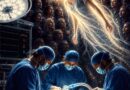 An AI generated image of a woman on an operating table with her spirit floating above, representing life after a near-death experience.