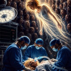 An AI generated image of a woman on an operating table with her spirit floating above, representing life after a near-death experience.