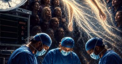 An AI generated image of a woman on an operating table with her spirit floating above, representing life after a near-death experience.